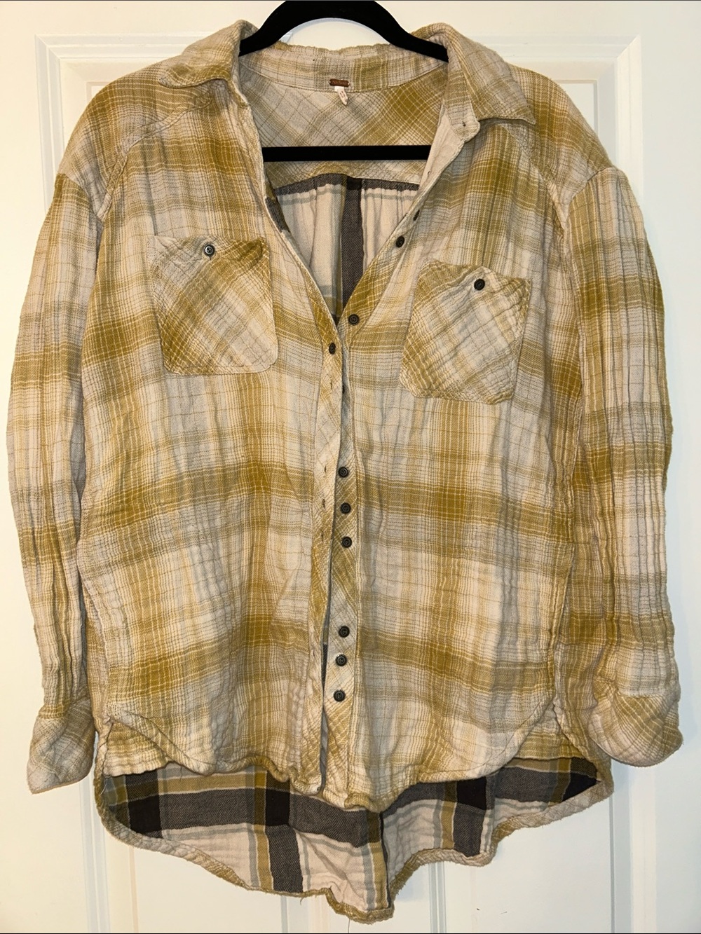 Free People Mustard Cream Plaid Oversized Button Down Shirt M